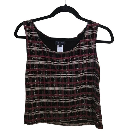 Vintage Xscape Unique Plaid Burgundy Gold Glitter Twin Set Blazer Tank Size L - Picture 3 of 7